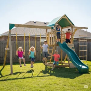Children actively playing on a finished DIY outdoor playset, engaging with swings, slides, and ladders, emphasizing the fun and entertainment it provides.