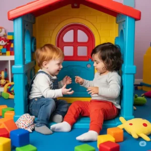 Two toddlers engaged in imaginative play within a playset that includes a small fort or house, encouraging creativity and social interaction.