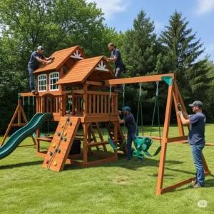 Professional installation of a large outdoor play set in a grassy backyard, showing the assembly process.