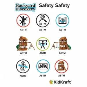 Icons representing ASTM safety standards met by both Backyard Discovery and KidKraft playsets, assuring parents of their commitment to child safety.