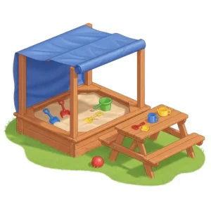An illustration of a built-in sandbox and a small picnic table, versatile outdoor playset accessories that create a complete backyard activity center.