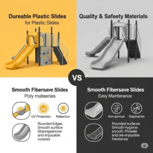 Graphic illustrating different materials used for playset slides, such as durable plastic and smooth fiberglass, highlighting quality and safety.