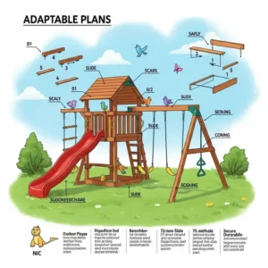 "Illustration of a DIY outdoor playset featuring a slide and swing set attachment, based on adaptable diy outdoor playset plans"