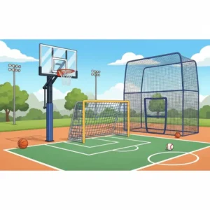 Illustration of a multi-sport playset for older kids, incorporating a basketball hoop, soccer goal, and a batting cage, encouraging a variety of athletic activities.