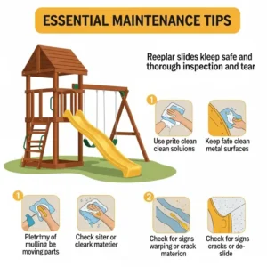 Infographic outlining essential maintenance tips, such as cleaning and checking for wear, to prolong the life of slides on wooden swing sets.