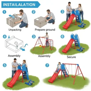 Step-by-step guide illustrating the straightforward installation process of a small playground set for home use.