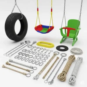 "A collection of various swing kits accessories, including different swing seats (tire, trapeze, glider), hardware, and extension ropes, showing customization options."