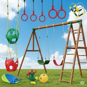An exciting bundle of various swing set accessories on clearance, featuring different swings, rings, and ladders, offering great value for upgrading your backyard with swing set accessories clearance.