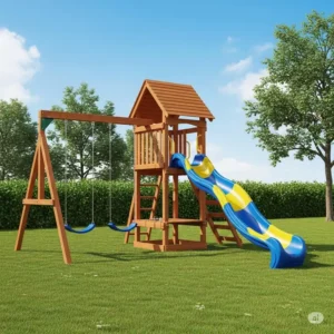 A bright illustration of a wave slide, one of the essential swing set accessories, offering a thrilling way for kids to get off the play structure.