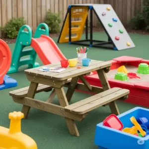A small, child-sized picnic table, great for outdoor snacks or crafts alongside other toddler outdoor play equipment.