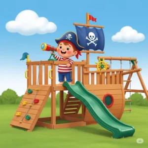 "Illustration of a toddler pretending to be a pirate on a playset, showcasing how toddler playsets encourage imaginative and creative play scenarios."