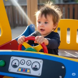 A toddler eagerly gripping a toy steering wheel integrated into an outdoor playset, promoting imaginative play and interactive elements.