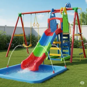  fun water slide attachment connected to a swing set with water gently spraying, a refreshing seasonal swing set add on idea for summer.