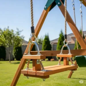 "Image emphasizing the safety features of a well-built wooden swing for backyard, including strong ropes and secure fastenings."