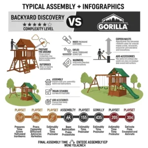 Infographic illustrating the typical assembly process for Backyard Discovery and Gorilla playsets, providing a visual comparison of complexity and estimated time.