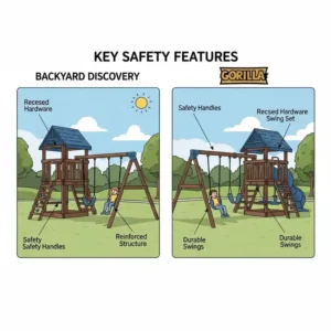 Illustration showcasing key safety features of both Backyard Discovery and Gorilla swing sets, such as recessed hardware, safety handles, and durable swings.