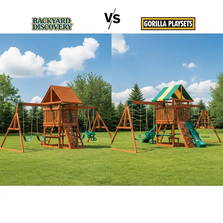 side-by-side comparison of a Backyard Discovery swing set and a Gorilla Playsets swing set in a spacious backyard, highlighting differences in design and features.