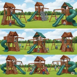 An illustration highlighting the variety of play features offered by Backyard Discovery and Gorilla playsets, including slides, rock walls, swings, and clubhouses.