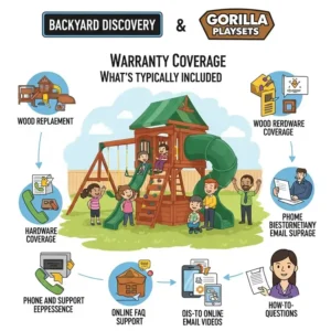 Illustration depicting the warranty coverage and customer support aspects for Backyard Discovery and Gorilla Playsets, showing what's typically included.