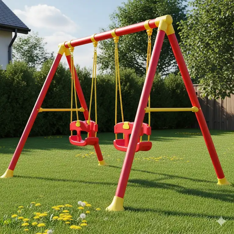 A red-and-yellow plastic 2 swing swing set is installed on a grassy backyard lawn, ready for use.