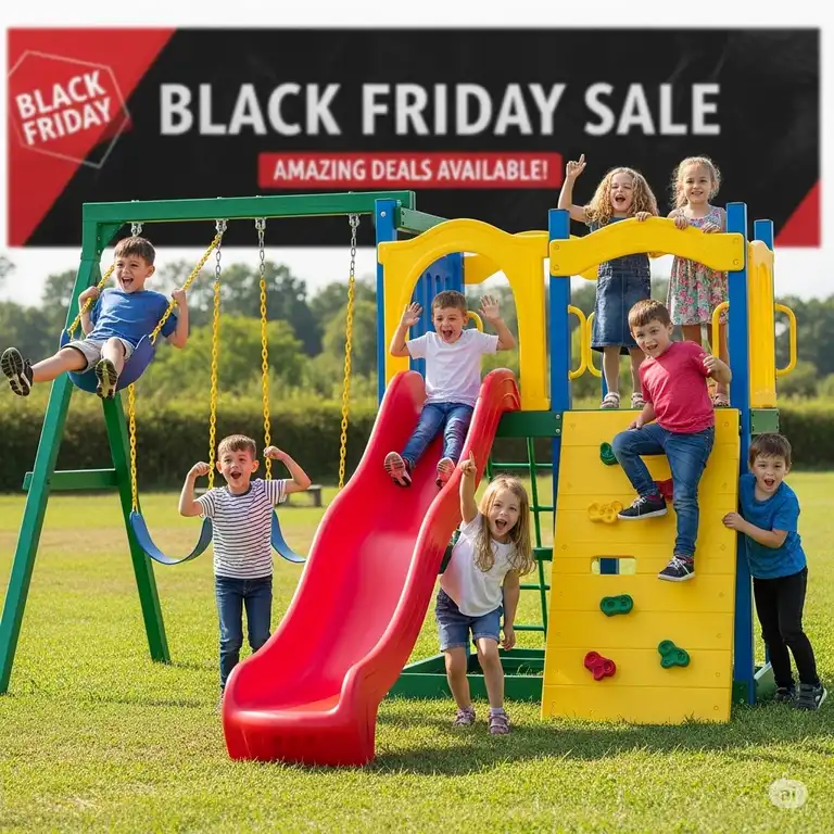 A group of children playing on a new playset, celebrating the incredible savings of black friday playset deals.