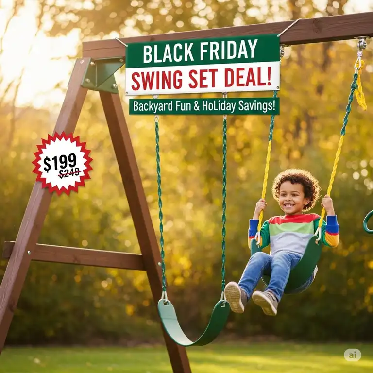 A happy child swinging on a wooden swing set, highlighting a fantastic black friday swing set black friday deal. Perfect for backyard fun and holiday savings.