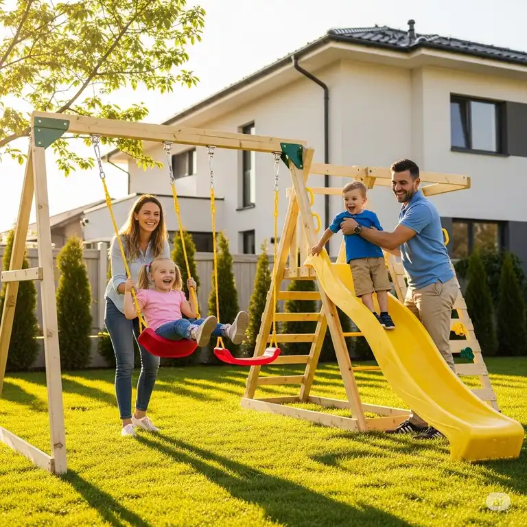 A family with two children smiling and playing on a new wooden swing set with slides and swings, highlighting the great Black Friday swing set sale.