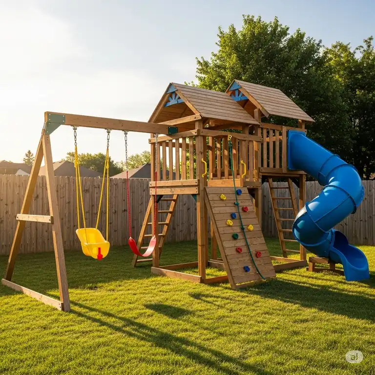 A large wooden swing set with a bright blue slide, climbing wall, and two swings in a sunny backyard.