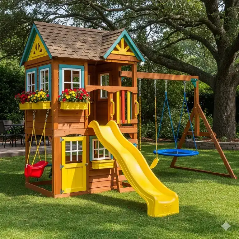 A vibrant backyard playhouse with slide and swing, perfect for kids' outdoor fun.