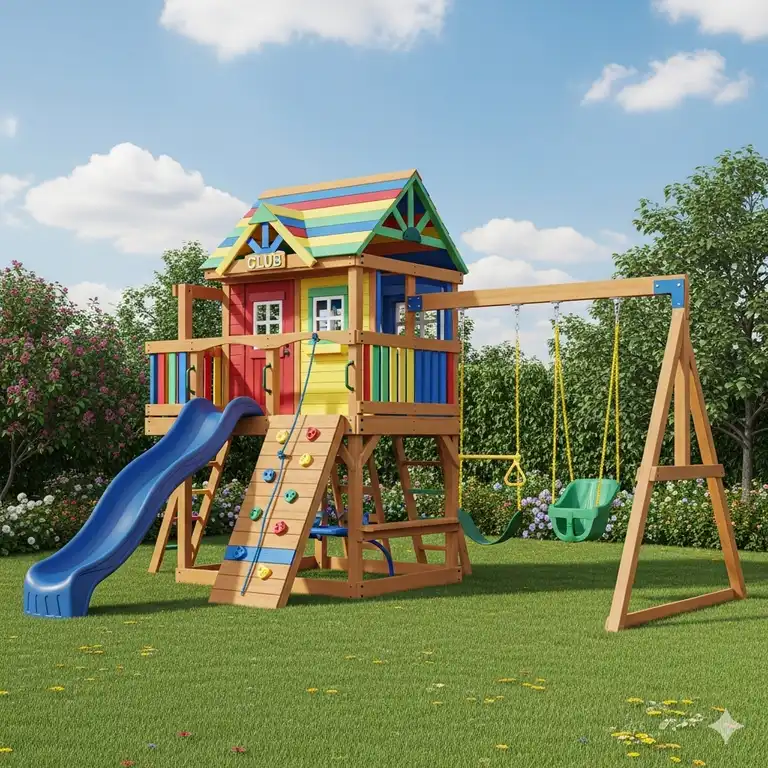 A colorful wooden swing set clubhouse with a slide and climbing wall, perfect for backyard fun.