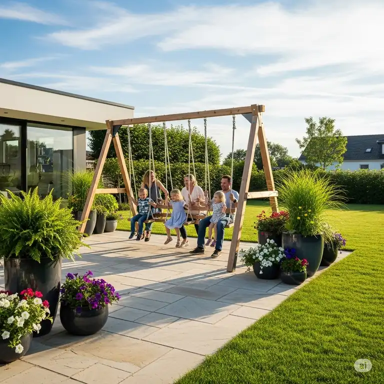 A family enjoying a modern, wooden swing set patio, surrounded by lush green lawn and potted plants, creating a perfect backyard oasis.