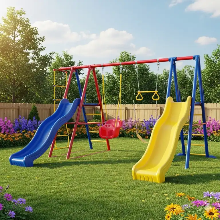 A colorful backyard swing set with 2 slides, a plastic swing, and a trapeze bar, perfect for kids' outdoor play.