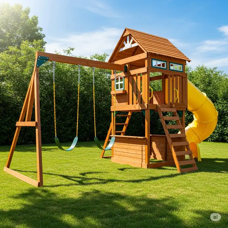 A vibrant photo of a swing set with playhouse, featuring a slide and clubhouse, highlighting its fun and durability.