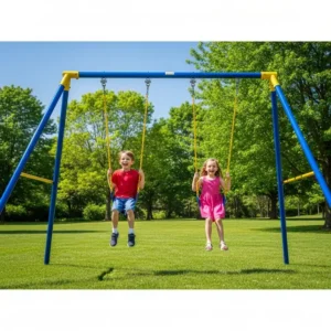 A young boy and girl are swinging on a blue and yellow 2 swing swing set.

