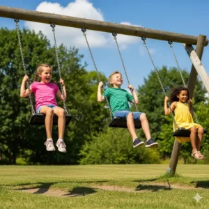 Three young kids are actively playing on a sturdy 3-swing swing set, each on their own swing, enjoying the outdoors.