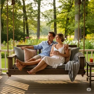 A couple of adults relaxing on a large swing sets for adults, enjoying the peaceful afternoon.
