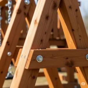 A detailed close-up of the sturdy A-frame construction of a large wooden swing set, highlighting the durable cedar wood and bolted joints.
