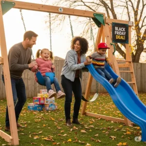Family playing together on a new swing set, enjoying their black friday swing set black friday purchase. Ideal for creating lasting memories.