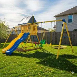 A large swing set with two slides and multiple swings, situated on a grassy lawn in a suburban backyard.