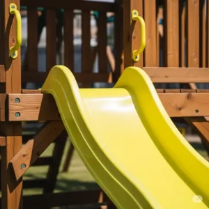 A close-up of a bright yellow playset slide, illustrating one of the popular features you can get with black friday playset deals.
