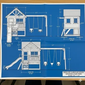 Architectural blueprint of a swing set clubhouse design, showcasing its dimensions and layout.