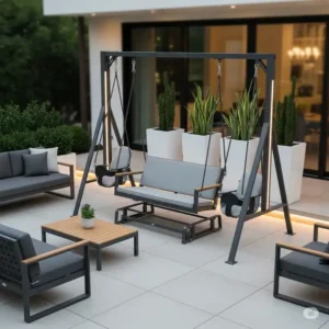 A sleek, contemporary metal swing set patio with two swings and a glider, perfectly integrated into a minimalist design with stylish outdoor furniture.