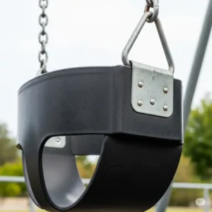 Close-up shot of a durable yellow swing on a new swing set, available at a special Black Friday swing set sale.