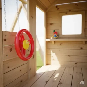 A close-up of the interior of a swing set with playhouse, showcasing a spacious layout for imaginative play.