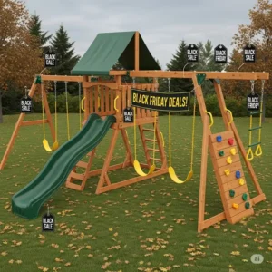 A detailed illustration of a popular wooden swing set featuring a slide, swings, and rock wall, available during black friday swing set deals.