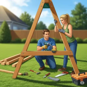  close-up illustration of a man and a woman building a wooden A-frame swing set for adults in a sunny backyard, with tools and lumber scattered around.