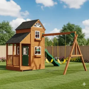 Front view of a sturdy wooden playhouse with slide and swing set, showing the full structure.