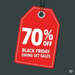 A bold graphic illustration of a red price tag with a significant discount percentage, highlighting the amazing black friday swing set deals.