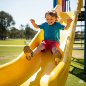A happy child sliding down the green slide of a large playset, a perfect gift from our Black Friday swing set sale.