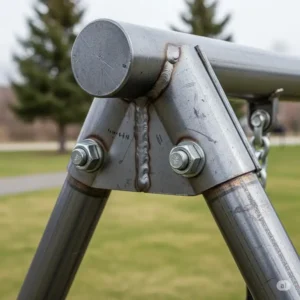 A close-up shot of a heavy-duty metal A-frame for a large swing sets for adults, showing the strong construction and durable materials.